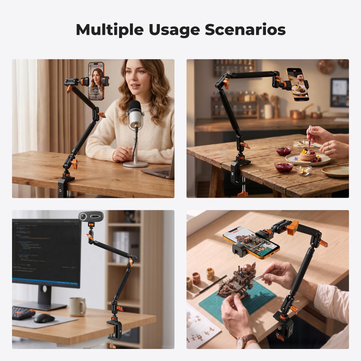 K&F CONCEPT 22" Magic Arm skrivebordsbeslag med C-klemme, overheadkamerabeslag med leddelt dobbelt kuglehovedarm til telefon, actionkamera, LED-lys, mikrofon og webcam, 1 kg lasteevne
