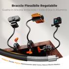 Kit di montaggio flessibile con morsetto, supporto a collo d'oca per action camera con viti da 1/4" e 3/8" per superfici piane e rotonde, compatibile con smartphone, action camera, luci e webcam.