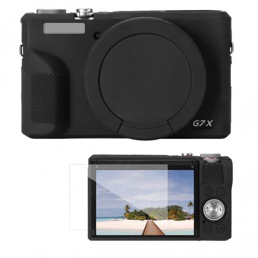 Canon G7X III Silicone Protective Case with Screen Protector Set, Anti-Scratch Shockproof Soft Skin Black