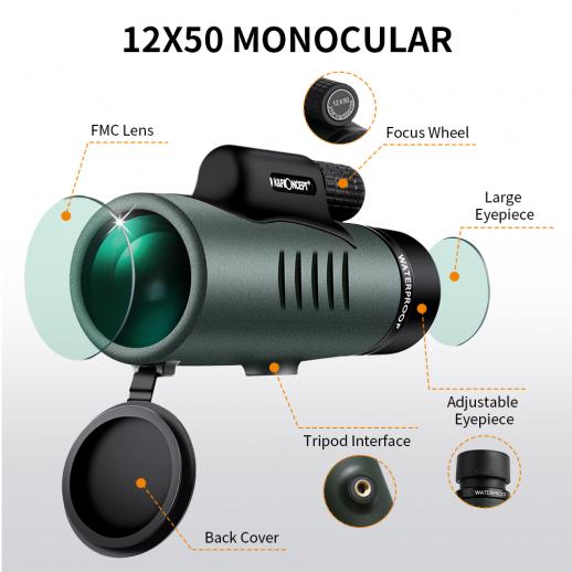 Travel Hunting RedDreamer Monocular Telescope Concerts 12X50 High Powered HD BAK4 Prism Waterproof Fog Monocular with Smartphone Adapter & Metal Tripod for Adults Bird Watching Camping 