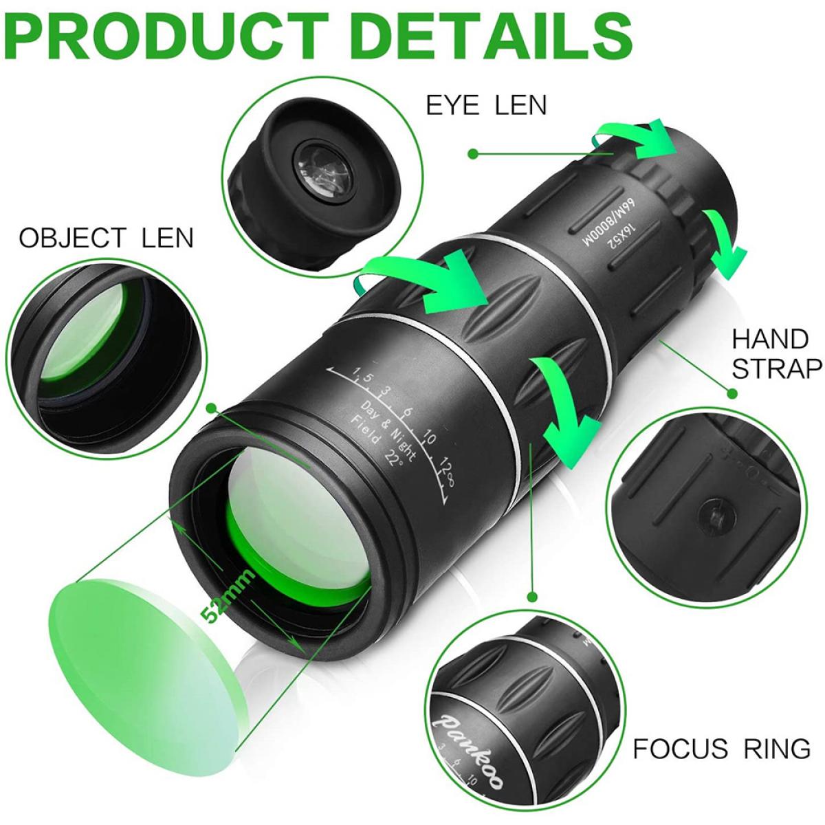 16x52 Monocular for Bird Watching Hunting Travel