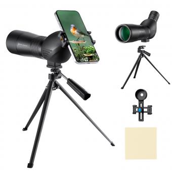 20-60X60 HD スポッティングスコープ - BAK4 45 度、狩猟、撮影、野生動物の風景観察用、携帯電話クリップ、三脚、収納バッグ付き