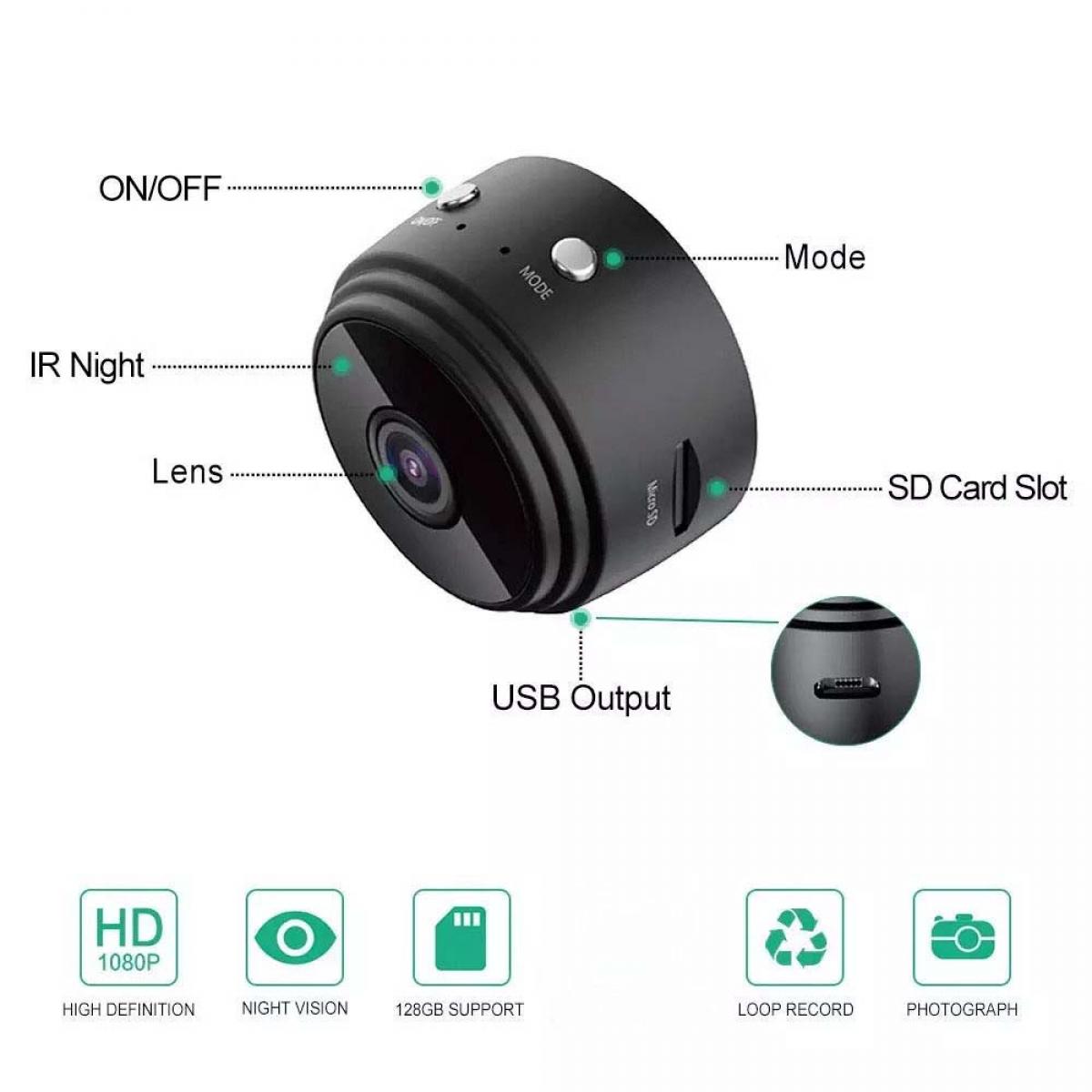 Mini caméra espion sans fil, caméra de surveillance de sécurité HD 1080p  avec vision nocturne, détection de mouvement pour la maison, la voiture, le  drone, le bureau ou l'extérieur - noir