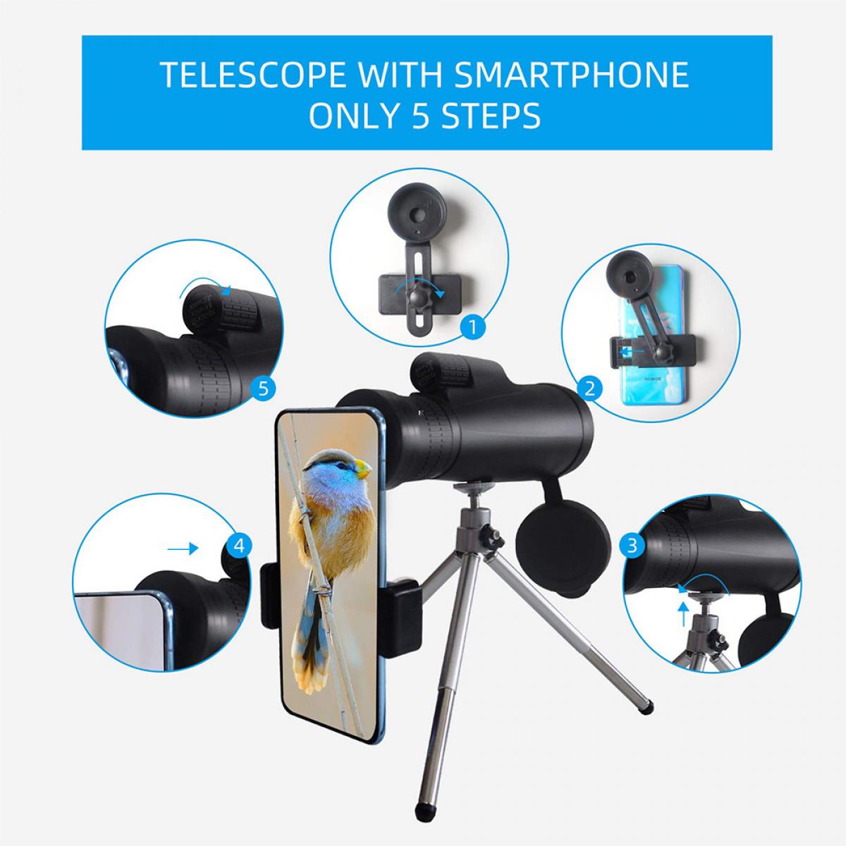 Monoculares HD de 12 x 56 pulgadas para adultos de alta potencia,  telescopio monocular para smartphone, prisma BAK4 y lente FMC, trípode con  adaptador