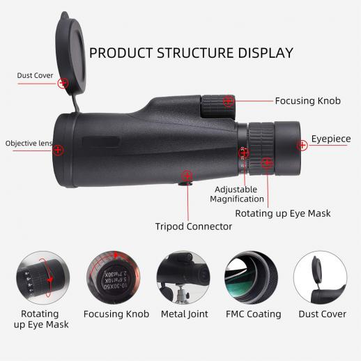 Low Night Vision Focus for Outdoor Bird Watching Hunting Waterproof Monocular Telescope Camping Hiking 16x50 High Power BAK4 Prism FMC Lens with Quick Phone Mount Adapter and Tripod Travelling