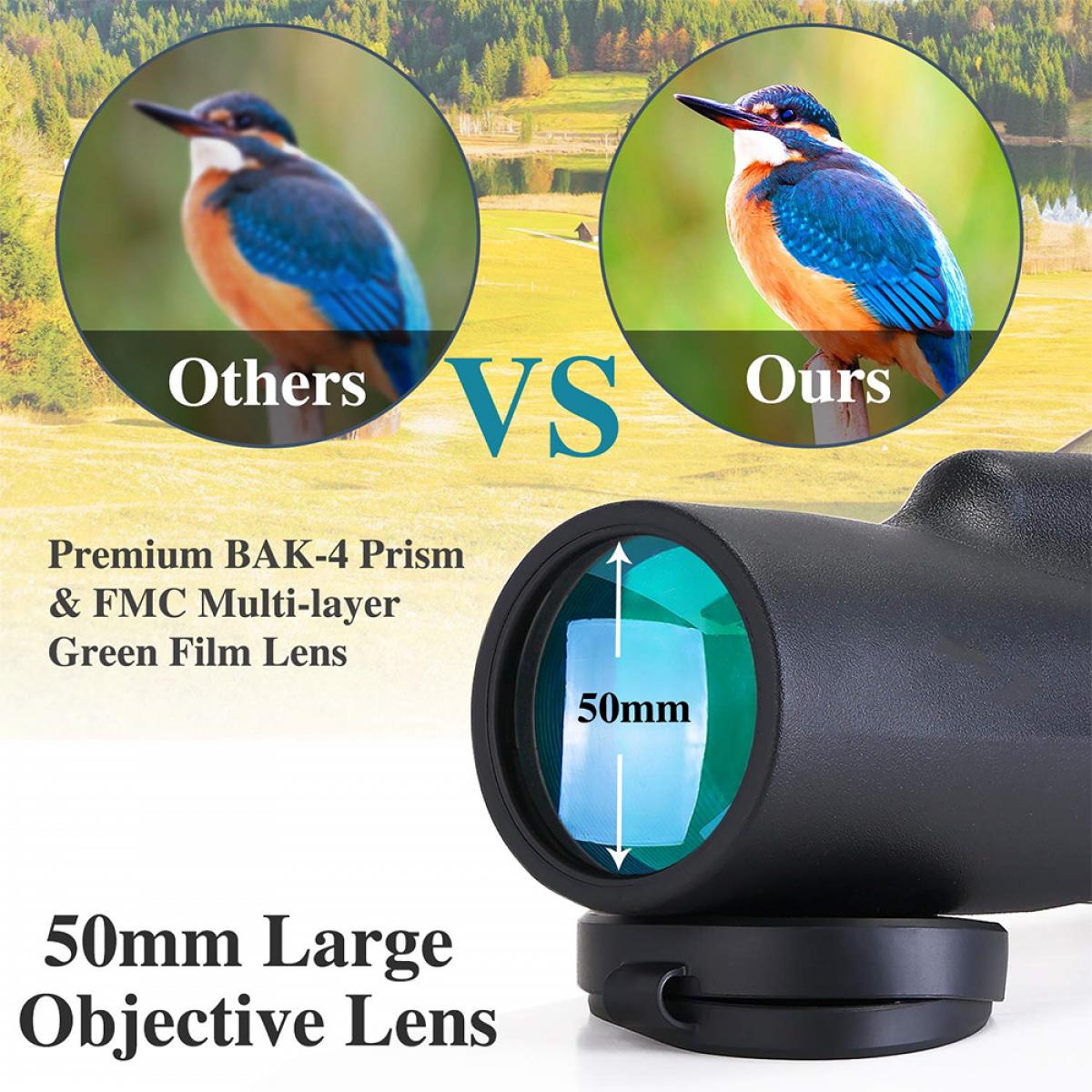 YH1250 12*50 HD Telescopio Monocular IP65 a prueba de agua, binoculares de  enfoque fácil de alta potencia para observación de aves, caza al aire  libre, viajes, turismo - K&F Concept