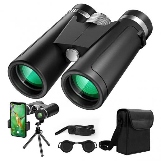12x42 Professional HD Binoculars with Phone Clip and Tripod, Low Light Night Vision, Waterproof Lightweight Binoculars for Bird Watching, Hunting, Travel, etc.