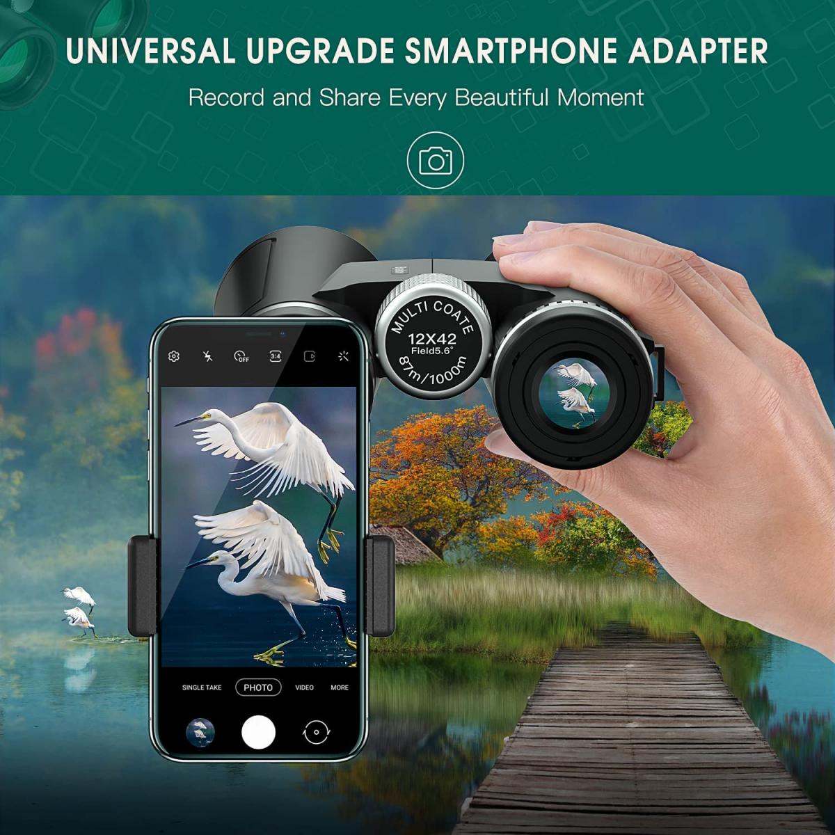 12x42 Professional HD Binoculars with Phone Clip and Tripod, Low Light