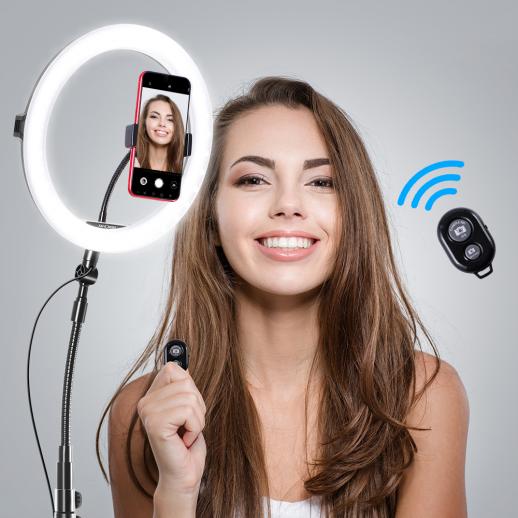 K&F CONCEPT Selfie Ring Light Anneau Lumineux Lampe LED 10-Niveau Luminosité 3-Mode dÉclairage avec Support Portable et Télécommande Bluetooth pour Le Flux en Direct et Le Maquillage pour Mobile 