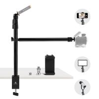 K&F CONCEPT Overhead Camera Mount Stand with 2 Section Telescopic Extension Arm, Adjustable Desk Stand with Phone Holder, C-clamp Mount for DSLR Camera, Phone, Webcam, Microphone, Ring Light