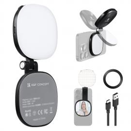 K&F CONCEPT マグネット式スマートフォン用LEDライト：折りたたみ式セルフィーライト、メイクアップミラー付き、3000K～6500K調光可能、iPhone、ビデオ通話、メイクアップ用Vlog補助ライト（ブラック）