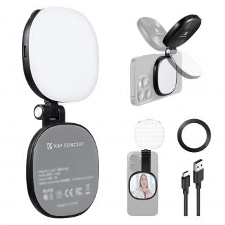 K&F CONCEPT マグネット式スマートフォン用LEDライト：折りたたみ式セルフィーライト、メイクアップミラー付き、3000K～6500K調光可能、iPhone、ビデオ通話、メイクアップ用Vlog補助ライト（ブラック）