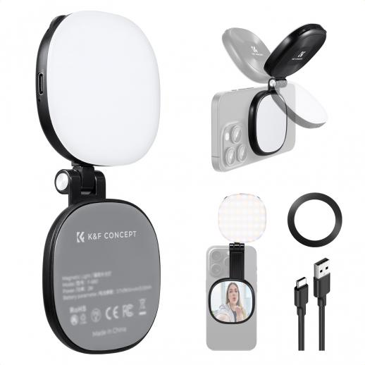 K&F CONCEPT マグネット式スマートフォン用LEDライト：折りたたみ式セルフィーライト、メイクアップミラー付き、3000K～6500K調光可能、iPhone、ビデオ通話、メイクアップ用Vlog補助ライト（ブラック）