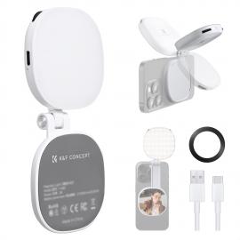 K&F CONCEPT マグネット式スマートフォン用LEDライト：折りたたみ式セルフィーライト、メイクアップミラー付き、3000K～6500K調光可能、iPhone、ビデオ通話、メイクアップ用Vlog補助ライト（ホワイト）