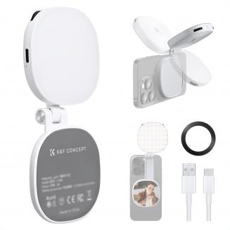 K&F CONCEPT マグネット式スマートフォン用LEDライト：折りたたみ式セルフィーライト、メイクアップミラー付き、3000K～6500K調光可能、iPhone、ビデオ通話、メイクアップ用Vlog補助ライト（ホワイト）