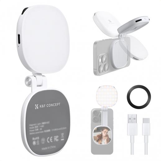 K&F CONCEPT Magnetic Phone LED Light: Foldable Selfie Light with Makeup Mirror, 3000K-6500K Dimmable Vlog Fill Light for iPhone, Video Calls & Makeup (White)