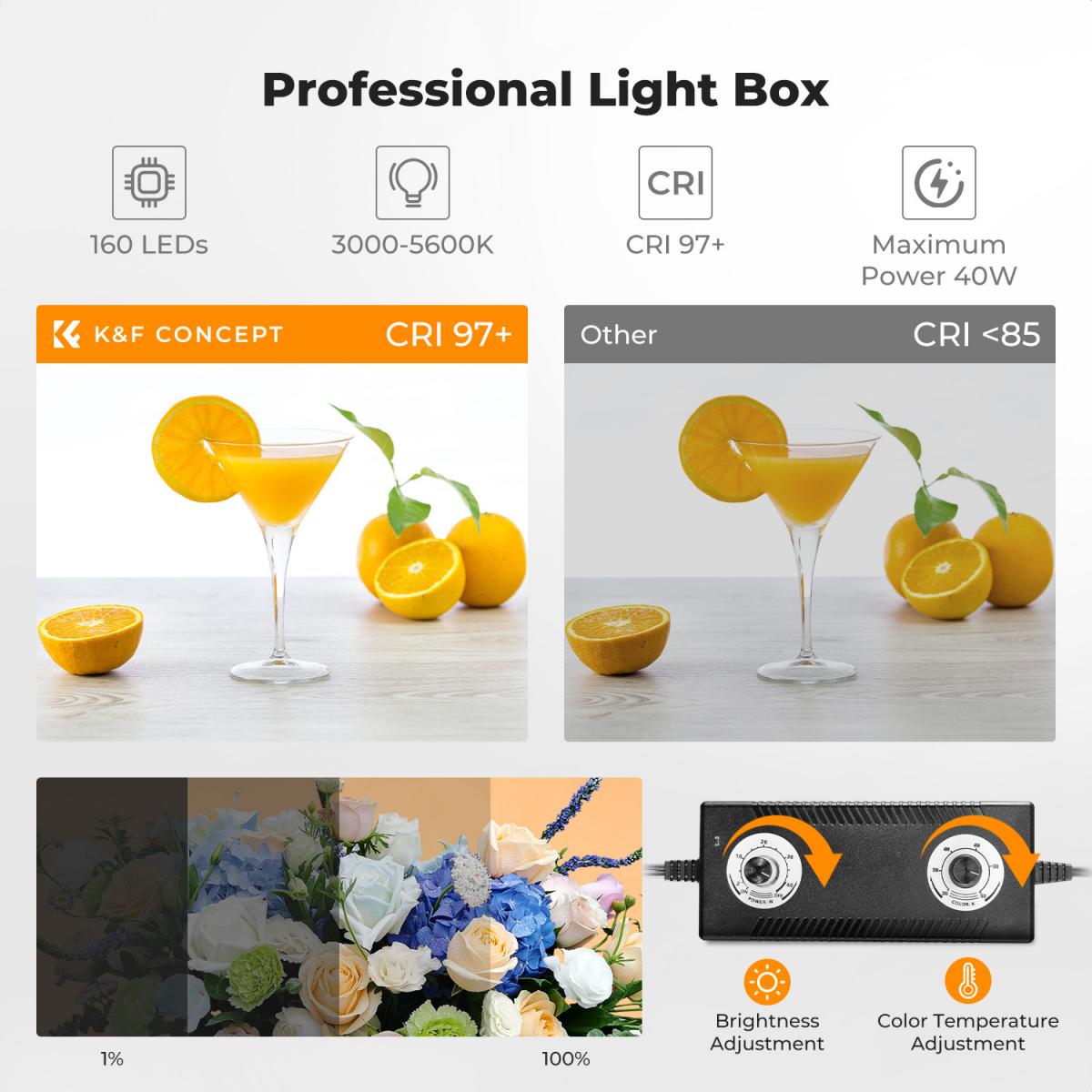 K&F CONCEPT 50x50cm Photo Studio Light Box, 40W LED Light Box Photography Tent, CRI 97+ Dimmable 3000K–5600K, Portable Foldable Photo Box with 6 Backdrops for Product Photography/Shoes/Laptop/Camera