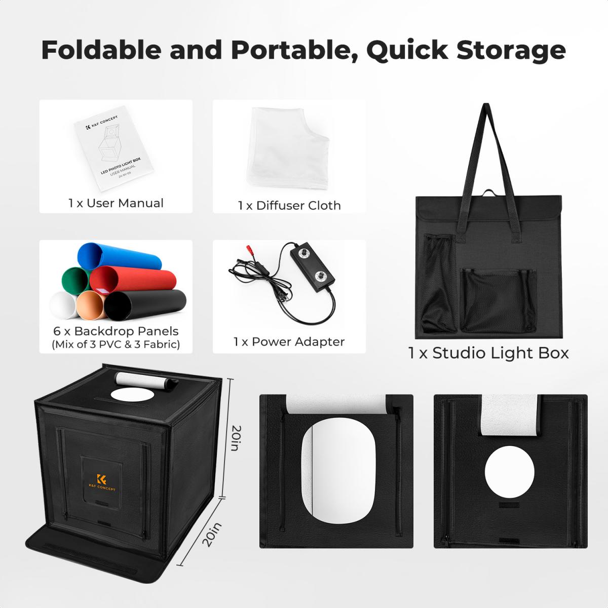 K&F CONCEPT 50x50cm Photo Studio Light Box, 40W LED Light Box Photography Tent, CRI 97+ Dimmable 3000K–5600K, Portable Foldable Photo Box with 6 Backdrops for Product Photography/Shoes/Laptop/Camera