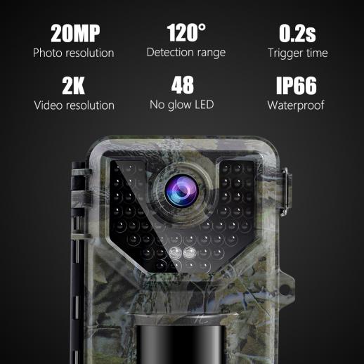 2.7K20MPトレイルカメラ0.2s高速トリガー速度IP66防水頑丈なハンティングカメラ、野生生物の監視用に120°の広いフラッシュ範囲（4個）