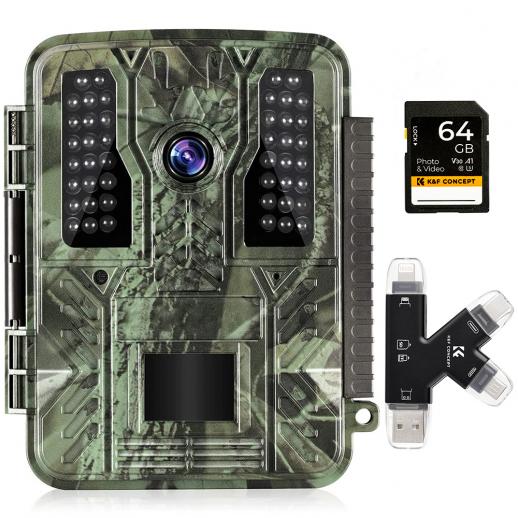 4K 32MP tracking hunting camera, 100° wide-angle motion sensor triggered in 0.2 seconds, 46 940nm low-light LED lights, IP67 waterproof, 2.31-inch display, 64G SD card and multi-function card reader combination set
