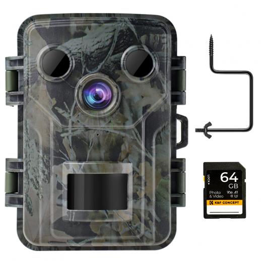 1080P 20MP Wildlife Camera Trail Camera with Night Vision 0.2S Trigger Motion Activated IP66 Waterproof with 64G SD Card, Quick Install Tree Spike 