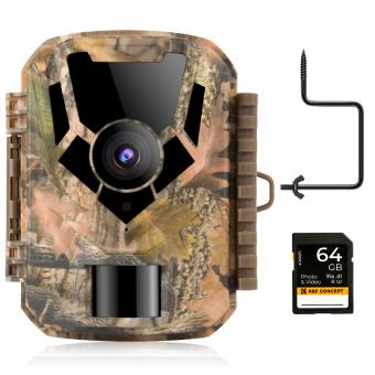 1080P 16MP HD Waterproof Outdoor Hunting Infrared Night Vision Triggered Mini Camera with 64G SD Card and Quick Installation Tree Spike Combo Set