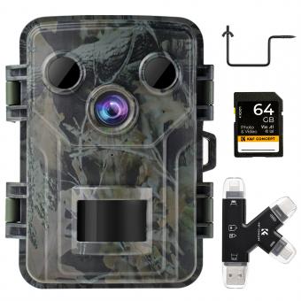 1080P 20MP Wildlife Trail  Camera with Night Vision 0.2S Trigger Motion Activated IP66 Waterproof, 64G SD Card, Tree Spike, Card Reader
