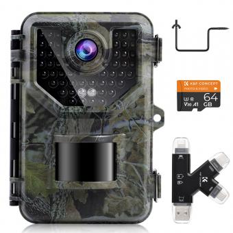 HD Tracking Camera, Hunting Camera HB-E2 2.7K 20MP, PIR Sports Night Vision Camera with 64G SD Card and Tree Spike, Multi-function Card Reader