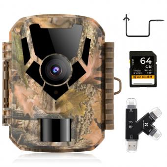 1080P 16MP HD Waterproof Outdoor Hunting Infrared Night Vision Triggered Mini Camera with 64G SD Card and Tree Spike, Multifunctional Card Reader