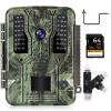 4K 32MP tracking hunting camera, 100° wide-angle motion sensor triggered in 0.2 seconds, 46 940nm low-light LED lights, IP67 waterproof, 2.31-inch display with 64G SD card and quick-install tree spikes, multi-function card reader combination set
