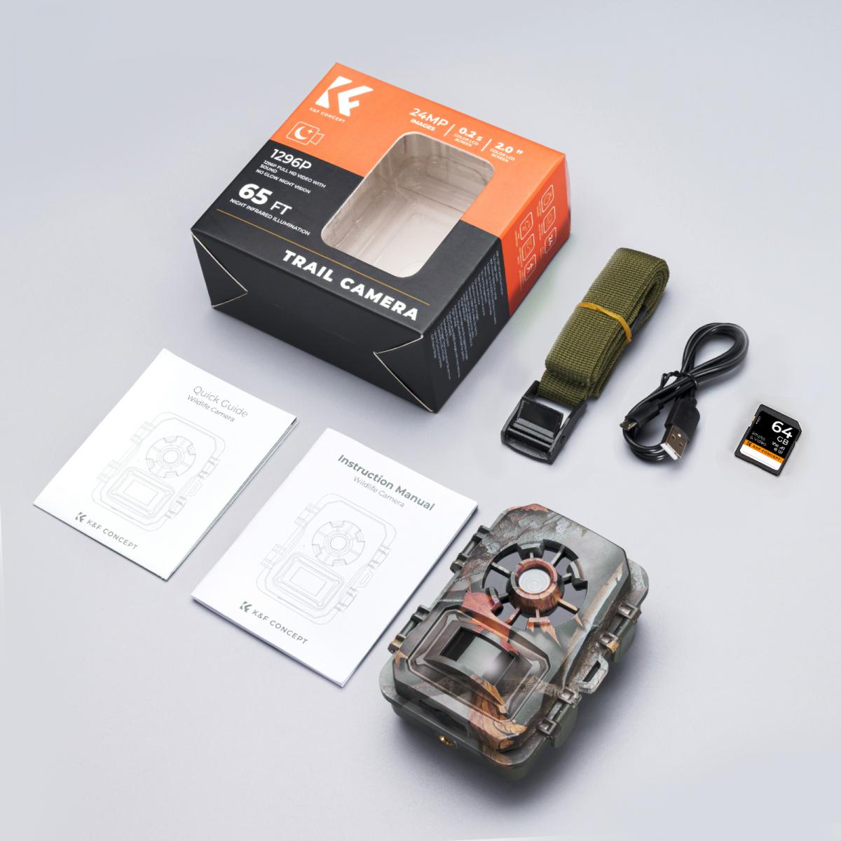 Visão noturna de 24MP * 1296P, grande angular de 120 ° * 0.2S gatilho Câmera de rastreamento de tela de 2 polegadas Cor da folha de bordo + cartão de memória 64G