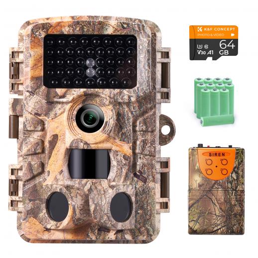 24MP 1080P Wildlife Camera, Real-time Alarm Received within 1/4 Miles, 120°*65 ft Wide Observation Range, Triggered within 0.2s, Night Vision, Alarm Receiver+AA Alkaline Batteries+64G Memory Card Included