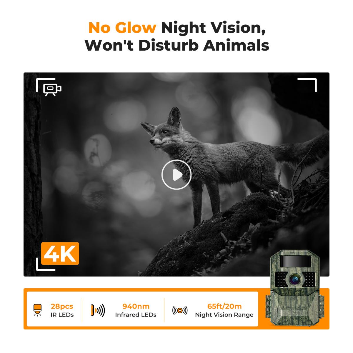 K&F Concept 4K 48MP Trail Camera 3W Solar Power Non-Stop, with 6000mA Rechargeable Battery & 64G SD Card