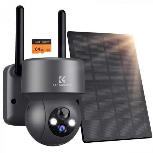 Câmera de vigilância externa 2K Câmera de segurança solar com cartão SD 64G, câmera sem fio WiFi 360° PTZ IP66 à prova d'água, preta