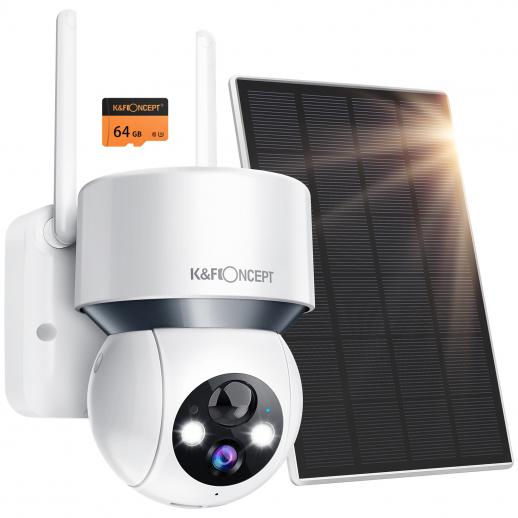 Câmera de segurança movida a energia solar PTZ externa sem fio 1080P com áudio e alerta de luz, visão noturna colorida e 14400mAh bateria integrada + cartão de memória 64G