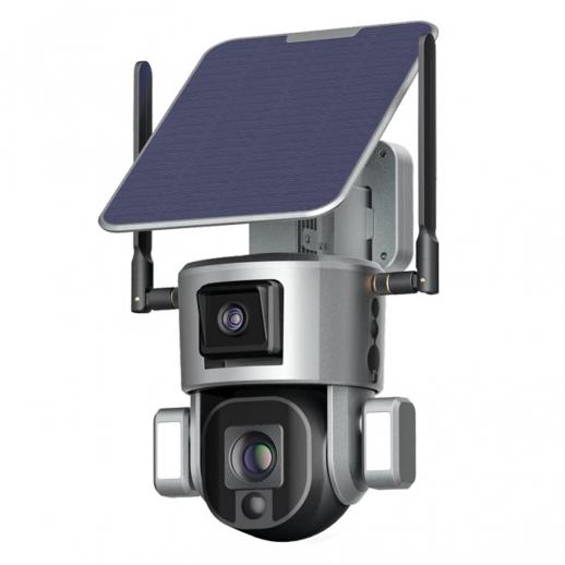 WiFiセキュリティデュアルカメラ4K UHD超低消費電力リンケージ内蔵ソーラーパネル防水耐候性双方向トーク光学ズームアプリ、SDカード、クラウドストレージ
