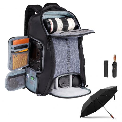 Camera Backpack 25L Large Capacity Camera Bag with Windproof Umbrella, Camera Case with Raincover and 15.6 Inch Laptop Compartment Compatible for Canon/Nikon/Sony/DJI Mavic Drone - Backpack 25L Nature Wander 08 (Grey）