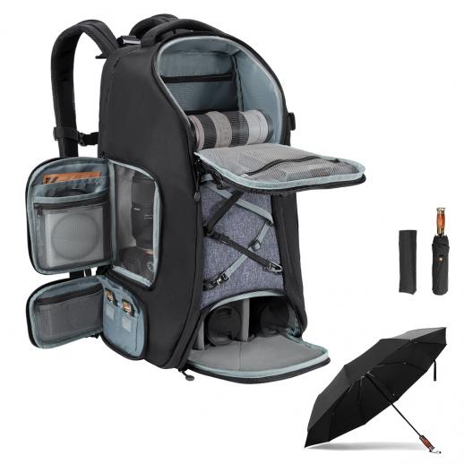 Camera Backpack 30L Large Capacity Camera Bags with Windproof Umbrella for Photographers with Raincover Laptop Compartment Compatible for Canon/Nikon/Sony/DJI Mavic Drone Travel 30L Nature Wander 08 (Grey)