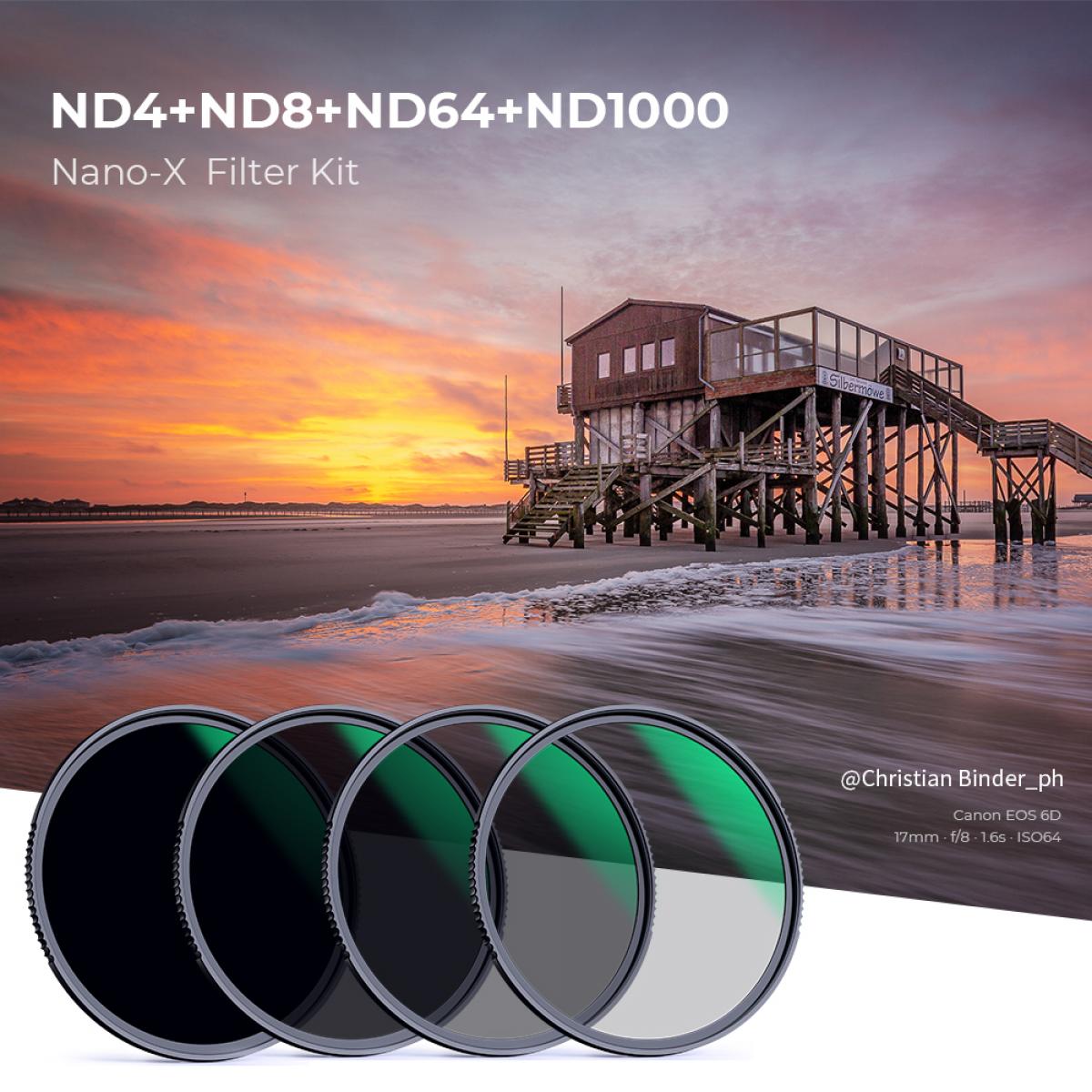 Set di filtri neutri grigi Slim composto da ND8 con portafiltri Stack Cap e copriobiettivo Pro Lens Cap con chiusura a pressione verso linterno Profox-Haida ND1000 da 82 mm ND64 