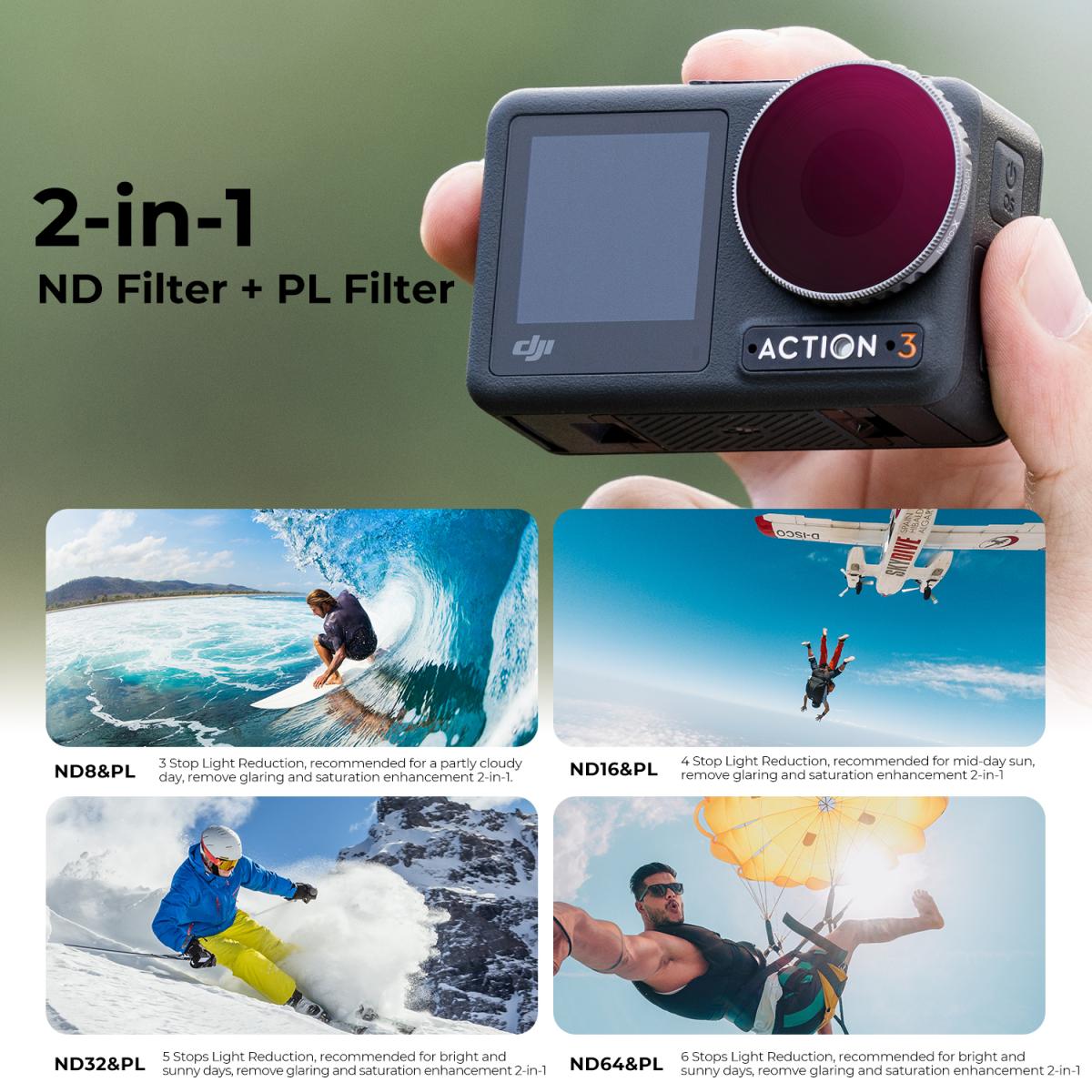 DJI Osmo Action 3 Filter Kit 4pcs HD (ND8&PL+ND16&PL+ND32&PL+ND64&PL) with Single-sided Anti-reflection Green Film