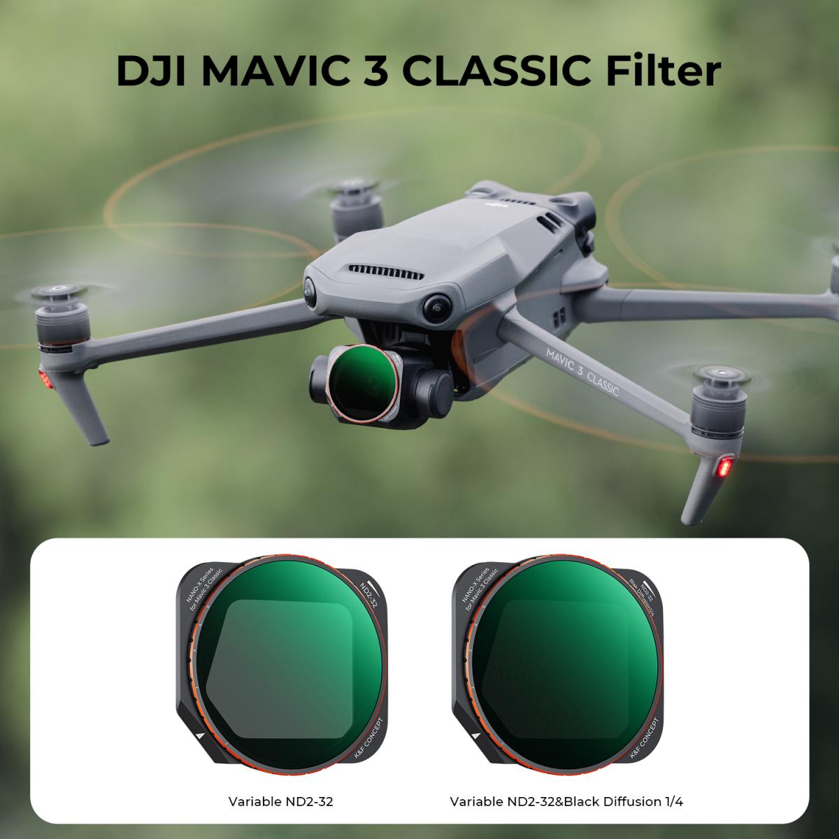 DJI Mavic 3 Classic Variable ND2-32 & Black Diffusion1/4 Filter Kit (2 Pcs) with Anti-reflection Green Film Waterproof and Scratch-resistant