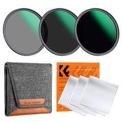55mm ND8+ND64+ND1000 Lens Filter Kit with 3 Vacuum Cleaning Cloths and Filter Pouch, 24 Layer Multi-coated HD Optical Glass, Nano-Dazzle Series