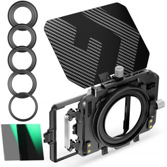 K&F Concept Mini Matte Box Lite con ND4 ND32 Filtro 4"x5,65", Bandiera Superiore Carbonio con 2 Vassoio Filtro 4''x5,65" per DSLR Fotocamere Mirrorless con Anello Adattatore Circolare 67/72/77/82/95mm