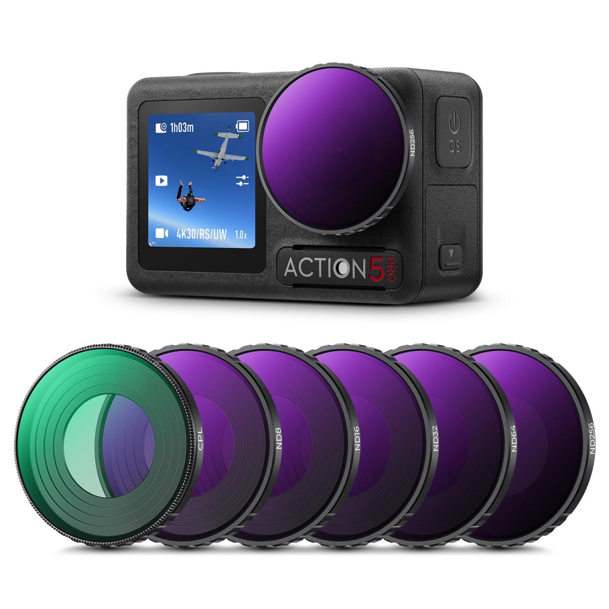 Set filtara za akcijsku kameru CPL+ND8+ND16+ND32+ND64+ND256, kružni polarizirajući filtar neutralne gustoće s 28-slojnim premazom kompatibilan s DJI Osmo Action 4, Osmo Action 5 Pro