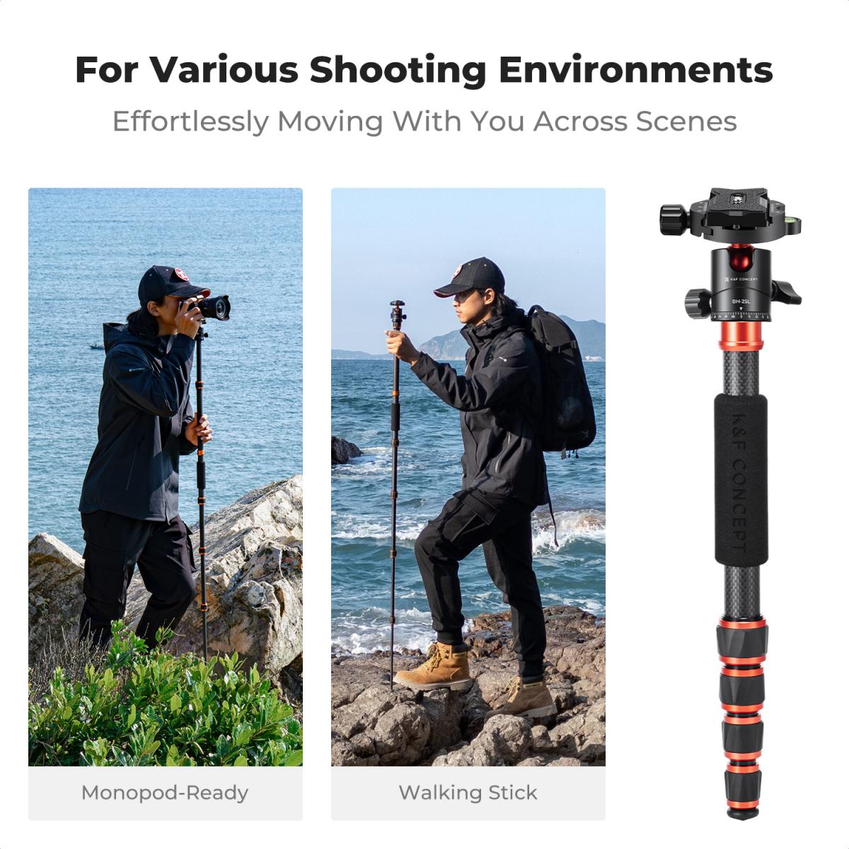60" Carbon Fiber Camera Tripod,Super Lightweight Compact Travel Tripod with 360 Degree Ball Head,Quick Release Plate,Detachable Monopod 8KG Load Capacity for SLR DSLR A225C0+BH-25L Air Pro Series K&F Concept + Cleaning set