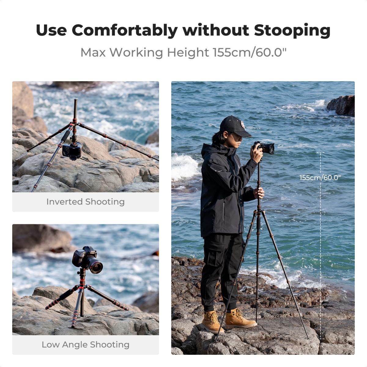 60" Carbon Fiber Camera Tripod,Super Lightweight Compact Travel Tripod with 360 Degree Ball Head,Quick Release Plate,Detachable Monopod 8KG Load Capacity for SLR DSLR A225C0+BH-25L Air Pro Series K&F Concept + Cleaning set