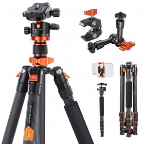 67"/1.7m Carbon Fiber Tripod 22lbs Load Lightweight Travel camera Tripod with Phone Mount and 6" Magic Arm with Super Clamp Set