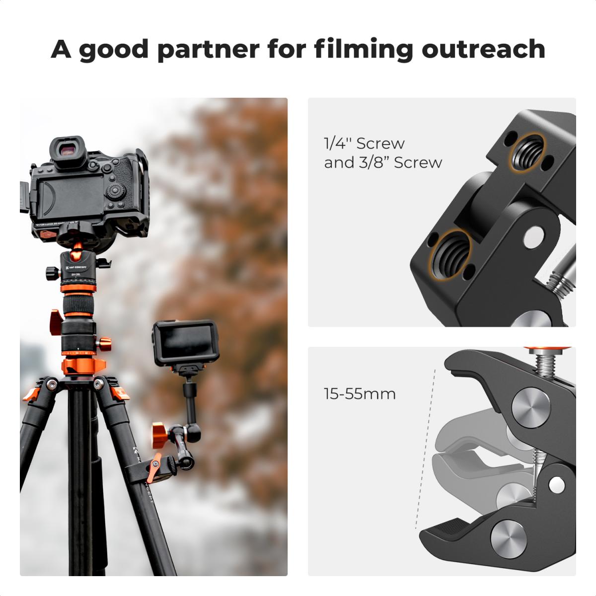 67"/1.7m Carbon Fiber Tripod 22lbs Load Lightweight Travel camera Tripod with Phone Mount and 6" Magic Arm with Super Clamp Set