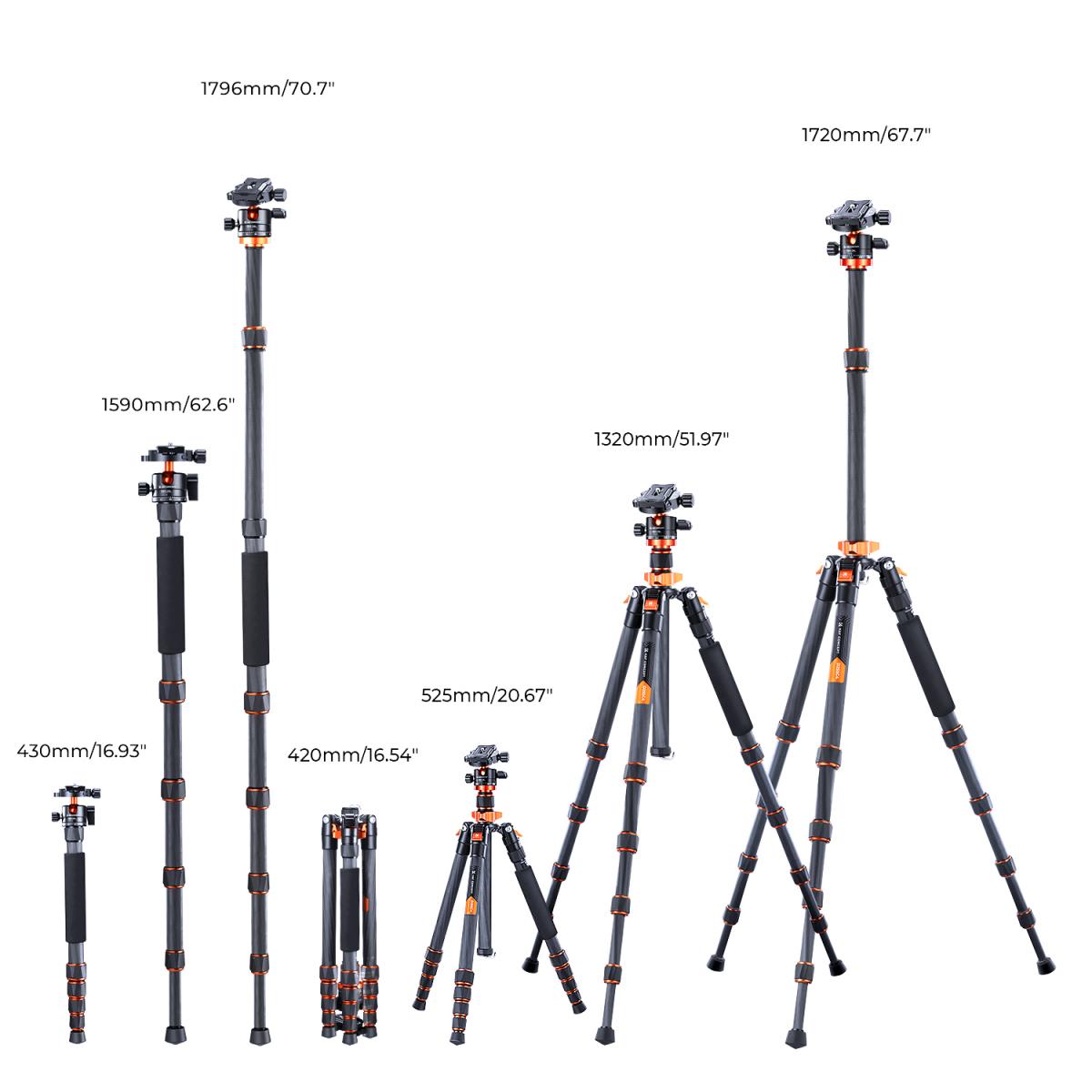 67"/1.7m Carbon Fiber Tripod 22lbs Load Lightweight Travel camera Tripod with Phone Mount and 6" Magic Arm with Super Clamp Set