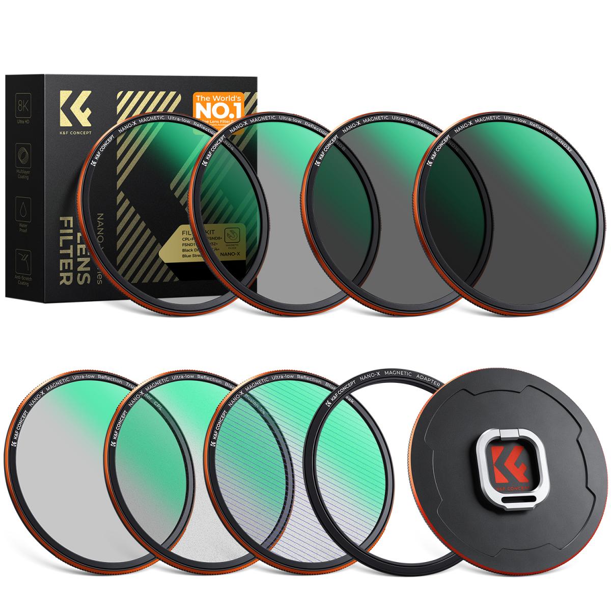 K&F Concept 77mm Magnetic Lens Filter Kit (9-in-1 Set) CPL+FSND4/8/16/32+Black Mist 1/4+Blue Streak with Adapter Ring & Cap, Ultra-Low Reflection Optical Glass for Camera Lens - Nano-Xcel Series